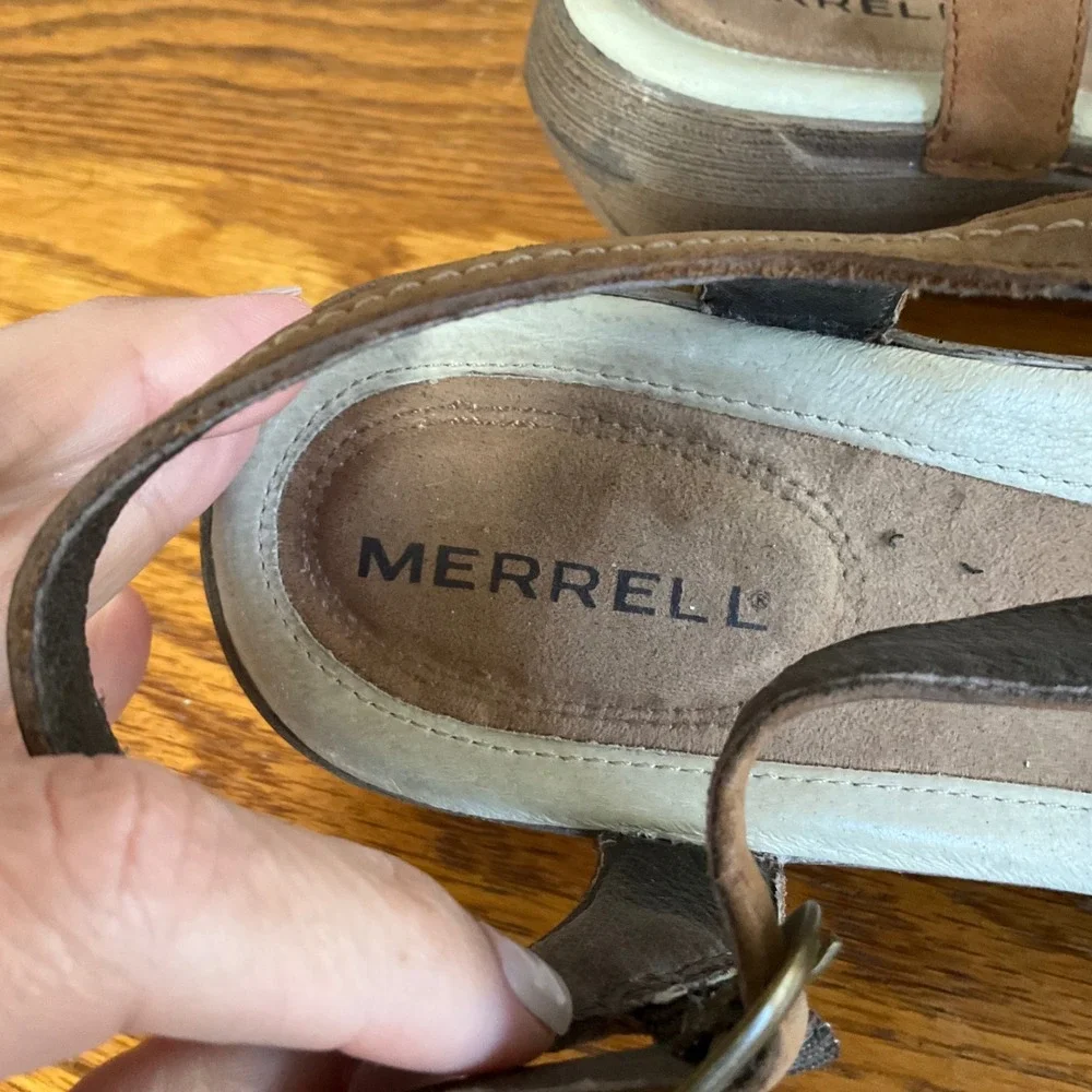 Merrell‎ Luxe Strap Bagpipe Sandals Womens 9 Brown Leather Wedge Ankle Strap